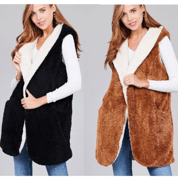 FINAL SALE NEW BLACK WHT SOFT SHERPA FUR VEST JACKET CARDIGAN - Picture 1 of 6